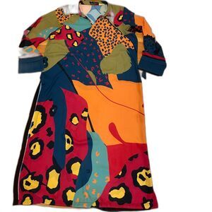 Colorful Abstract Caftan Flowy Bathing Suit Cover-Up Lounge Wear Bead Accents M
